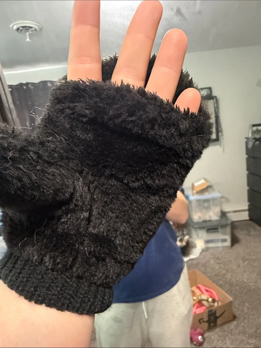 Black Faux Fur Mittens Women’s Plush Winter Gloves Knit Cuff
